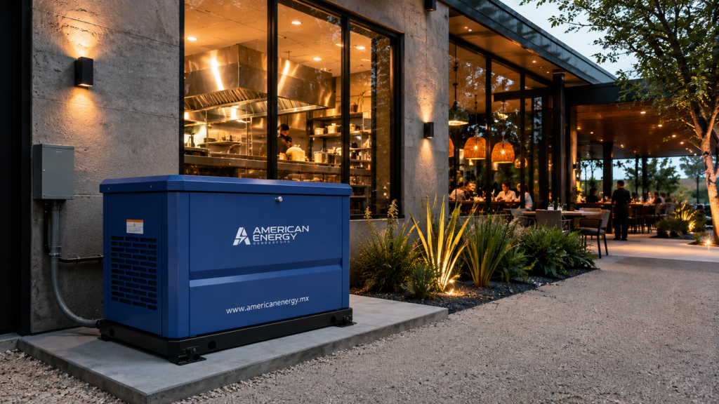 Generador American Energy para restaurante en México 2026 instalado como respaldo eléctrico para cocina industrial, refrigeración, iluminación y operación continua del negocio.